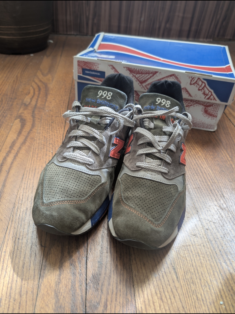 New Balance Olive and Orange Suede Runner with Blue Accents